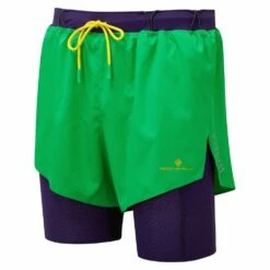 RONHILL Mens Tech Distance Twin Running Shorts Bright Green/Imperial