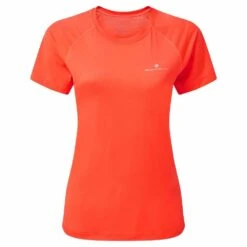 RONHILL Tech Short Sleeved Womens Running T-Shirt Hot Coral/Bright White