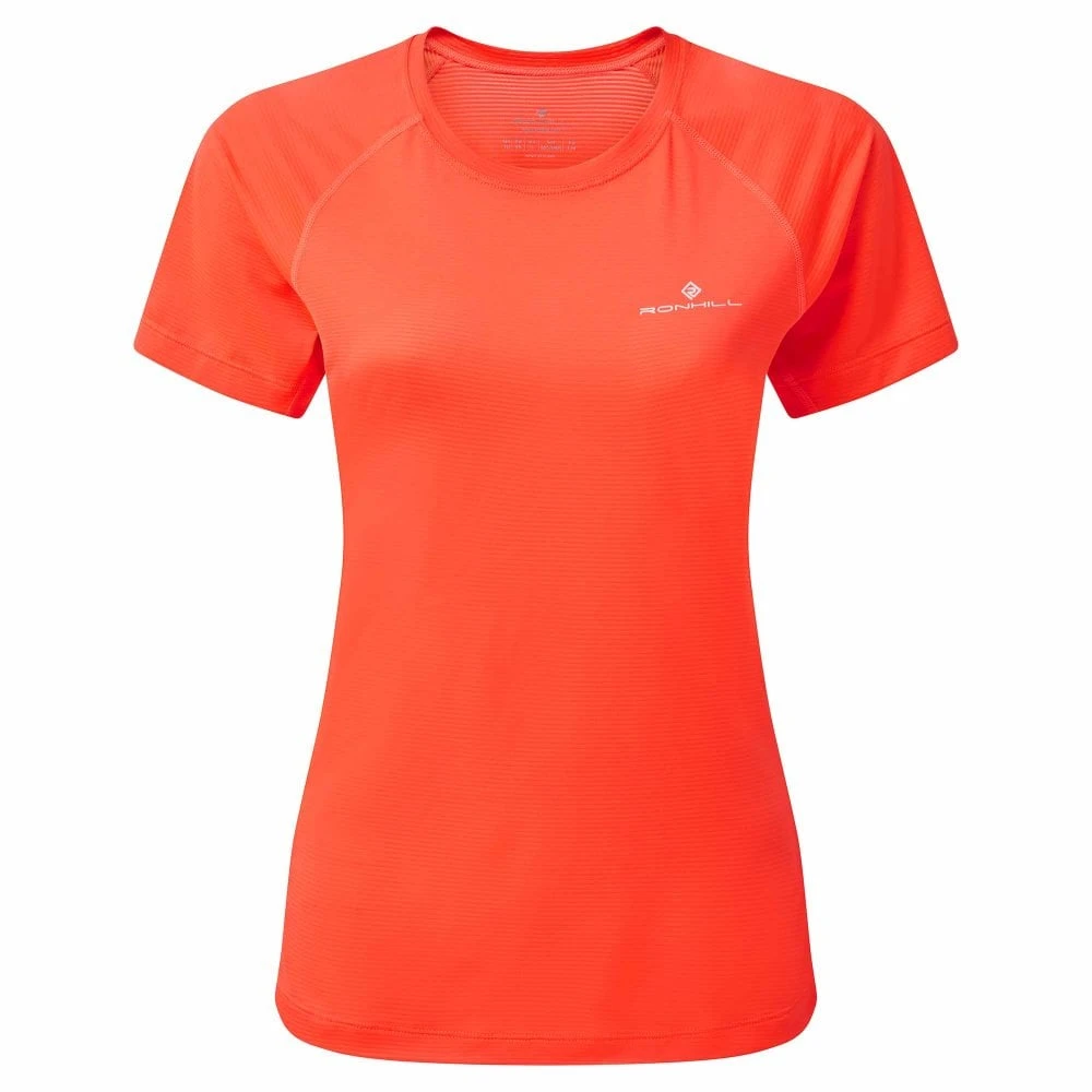 RONHILL Tech Short Sleeved Womens Running T-Shirt Hot Coral/Bright White 3 RONHILL Tech Short Sleeved Womens Running T-Shirt Hot Coral/Bright White