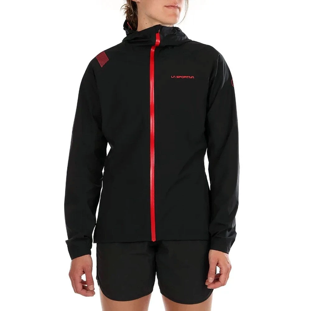 La Sportiva Womens Waterproof Running Jacket Black/Hibiscus 3 La Sportiva Womens Waterproof Running Jacket Black/Hibiscus